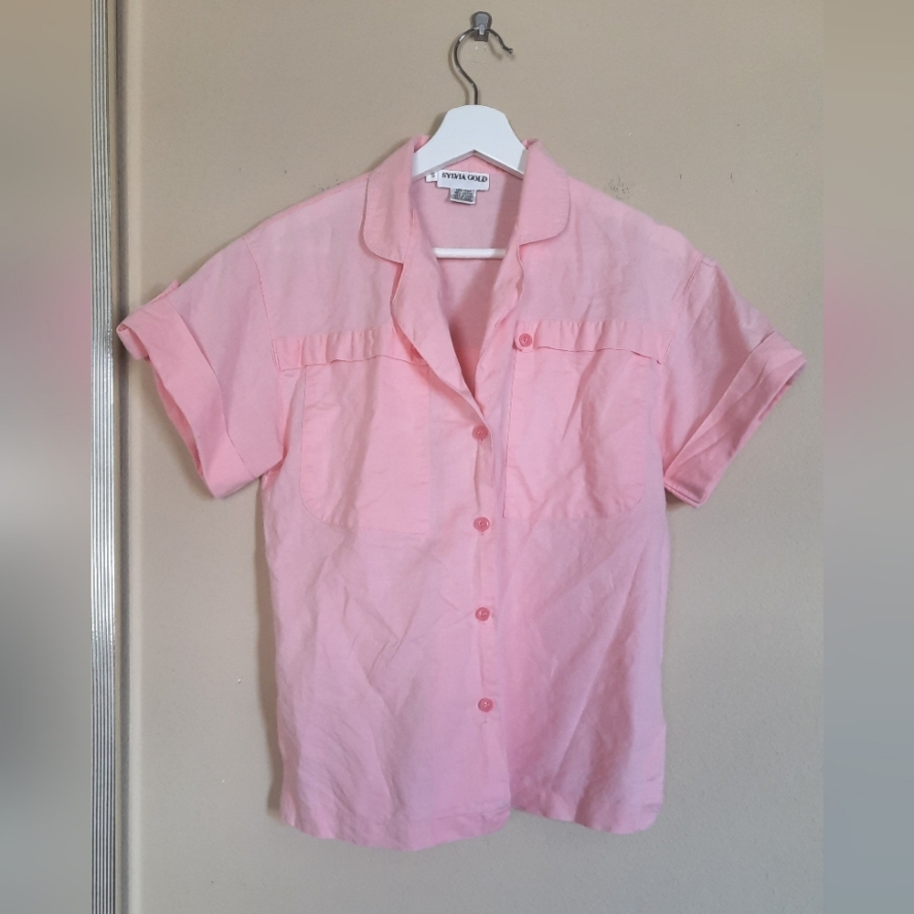 Vtg Sylvia Gold Light Pink Short Sleeve Button-Up Shirt Side Slits Casual